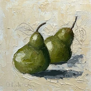 Miniatura Impasto Texturizada Dos Peras Verdes Sobre Fondo Claro 6x6" Arte Original - Imagen 1 de 6