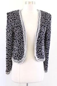 Vtg Black White Pearl Silk Beaded Sequin Crop Evening Formal Open Jacket Size M - Picture 1 of 7