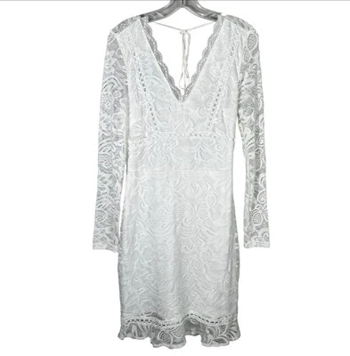 EillyBazar White Lace Mesh Fitted V-Neck Ruffle Hem Dress Medium Bridal Wedding - Image 1 of 4