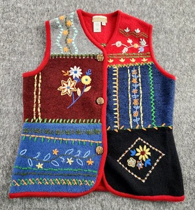 Chaleco Coldwater Creek Mujer Grande Lana Rojo Bordado Retazos Boho Cottage - Imagen 1 de 21