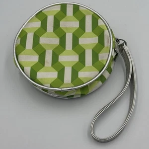 Clinique Small Wristlet Green/white Geometric Design 4" Round Cosmetic Bag - Picture 1 of 5