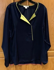 KENAR Blue Satin Blouse Long Sleeves With Pink and Yellow Trim Women’s Size XL - Picture 1 of 7