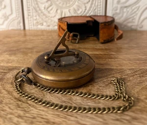 Vintage Maritime Pocket Sundial Nautical Brass Compass With Antique Leather Case - Picture 1 of 14