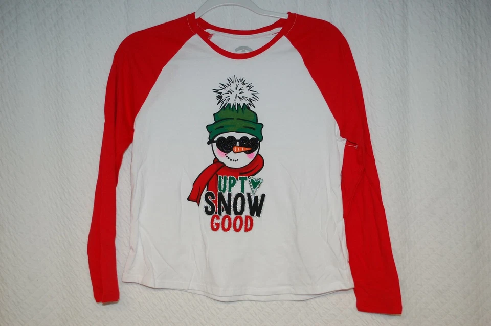 Girls White L/S Shirt SNOWMAN Black Silver Sparkle UP TO SNOW GOOD XL Plus 14-16 - Image 1 of 1
