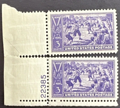 US 1939 Sc# 855 Lot of 2 w/Plate # MNH OG BASEBALL CENTENNIAL Sand Lot Game - Image 1 of 2