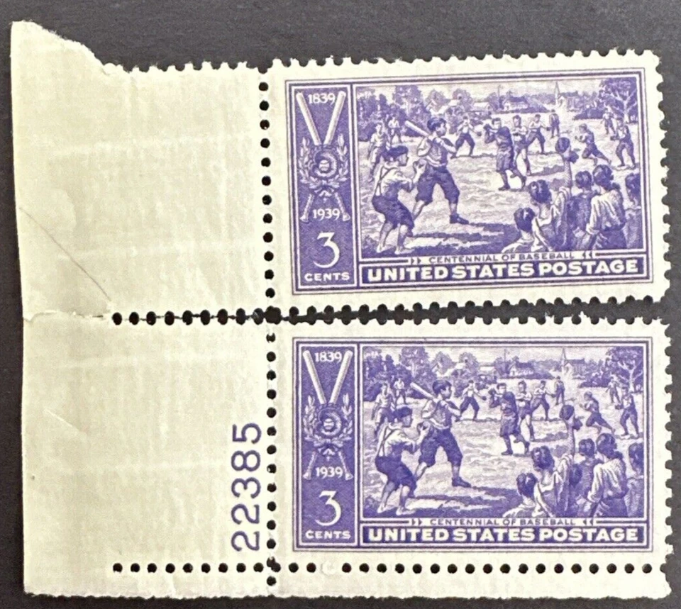 US 1939 Sc# 855 Lot of 2 w/Plate # MNH OG BASEBALL CENTENNIAL Sand Lot Game - Image 1 of 2
