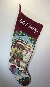 Needlepoint Wool and Velvet 24" Red Christmas Stocking Glad Tidings Teddy Bear - Picture 1 of 9