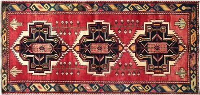 Persian Hamedan Rug 110x210 Hand Knotted Red medallion Wool short-Pile F - Image 1 of 4