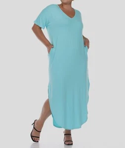 White Mark Women's Blue V-Neck Short Sleeve A-Line Dress Plus Size 2XL - Picture 1 of 3