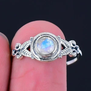 Rainbow Moonstone Gemstone 925 Silver Ethnic Sister Cluster Boho Ring Size 10 - Picture 1 of 8
