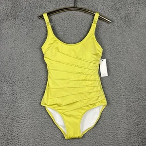NWT Calvin Klein Pleated 4 Way Stretch 50+ UPF Protect 1-Piece Sz 8 Yellow/Green - Picture 1 of 8