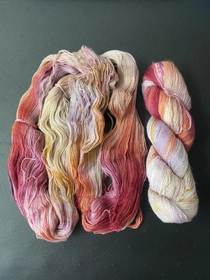 2 Skeins Hand Dyed Silk Merino Lace Yarn Rose Gold Purple Orange Sunset 200g - Image 1 of 4