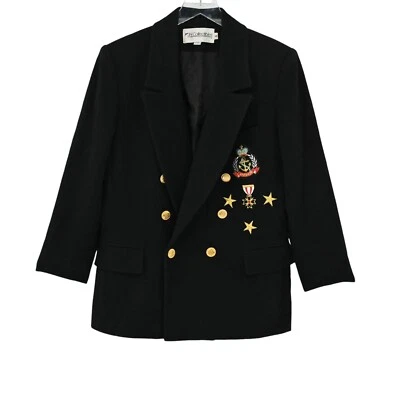 Vtg JH COLLECTIBLES Blazer Womens Sz 6 Black Wool Cashmere Navy Crest Patch 80s - Image 1 of 4