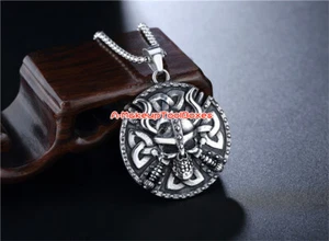 Mens Stainless Steel Round Coin Viking Trinity Celtic Knot Skull Pendant J663 - Picture 1 of 3