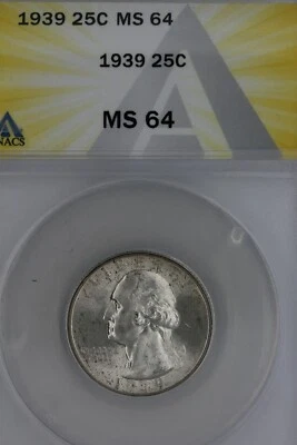 1939 .25  ANACS  MS 64  Washington Quarter, Silver 25 Cents (0.25) - Image 1 of 2