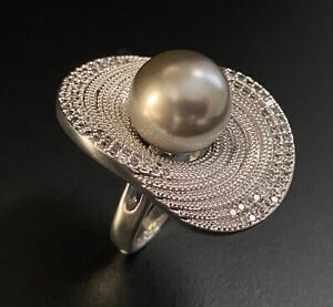 Bold Gray Pearl Ring made w Swarovski Crystal Stone 18k White Gold Plated Over