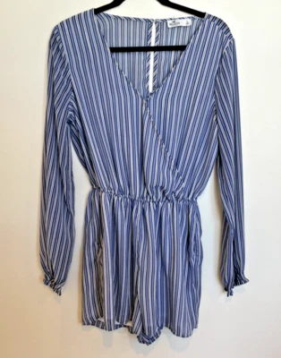 HOLLISTER one piece Jumpsuit , blue , striped large, lined juniors shorts - Image 1 of 3