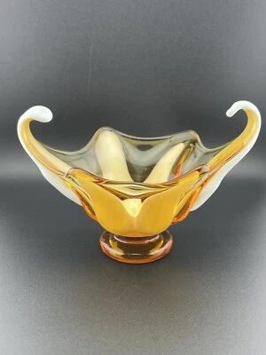 Plato de baratija de vidrio aplicado arte decorativo ámbar y blanco vintage Foto 1 de 4