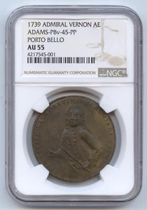 Panama 1739 Admiral Vernon Medal (#1400) Porto Bello. Adams-PBv-45-PP. NGC AU55. - Picture 1 of 4