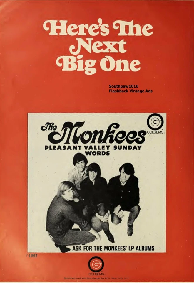 1967 The Monkees "Pleasant Valley Sunday" Single  Release  Promo Ad RePrint - Image 1 of 1