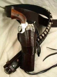 COWBOY REVOLVER PISTOL WESTERN LEATHER BROWN HOLSTER GUN BELT 44 / 45 - Picture 1 of 5