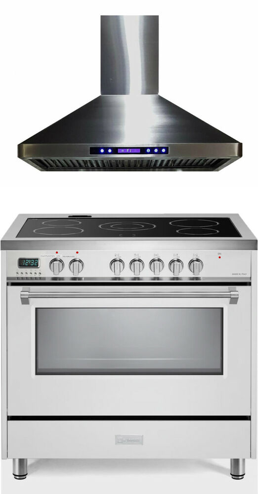 Verona VDFSEE365W 36" Electric Range Convection Oven White With Hood 2 Pc Set