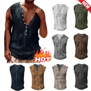 Men Button Tank Top Workout Casual Muscle Tee T-Shirt Sleeveless Gym Sport Vest♡ - Picture 1 of 36