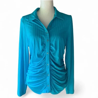 Jessica Simpson Slinky Blue Ribbed Ruched Button Up Striped XL Shirt stretch - Image 1 of 4