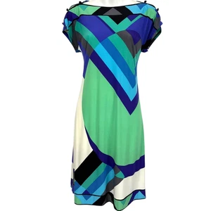 Donna Morgan Women Jersey Knit Green Blue Cap Sleeve Stretch Dress Knee Length 6 - Picture 1 of 15