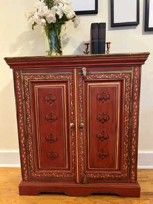Elegant Hand-Painted Vintage Red & Gold Floral Wood Artisan Cabinet   - Image 1 of 4