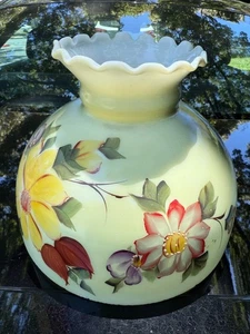 Vtg 10" Fitter Hand Painted Multi Colored Flowers Hurricane MOP Milk Glass Shade - Picture 1 of 3