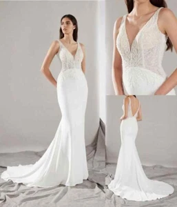 Elegant Beaded Wedding Dresses V Neck Backless Sequin Straps Mermaid Sweep Train - Picture 1 of 17