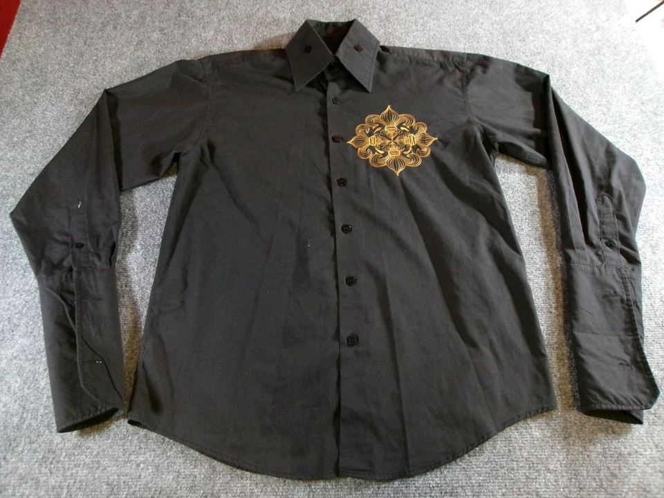 Camisa Manzini Para Hombre Mediana Negra Bordada Manga Larga Algodón Claro Con Botones Foto 1 de 4