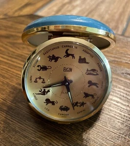 Orologio da viaggio vintage raro ELGIN sveglia blu astrologia zodiaco - Foto 1 di 5