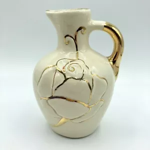 Vtg 1940s USA Pottery Small Pitcher Jug Gold Gilt Embossed Rose Cream Farmhouse - Picture 1 of 9