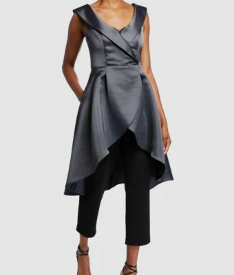 $495 Aidan Mattox Women's Gray Collared High-Low Mikado Overlay Jumpsuit Size 0 - Imagem 1 de 4
