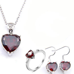 3 Pcs 1 Lot Genuine Fire Red Garnet Gems Silver Heart Pendant Earrings Rings