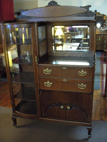 Antique Oak China Cabinet 1900's refinished radius glass beveled mirror Cover