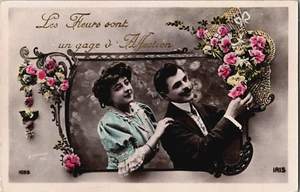 Victorian Style Man and Woman with a Basket of Flowers Vintage RPPC B149 - Picture 1 of 2