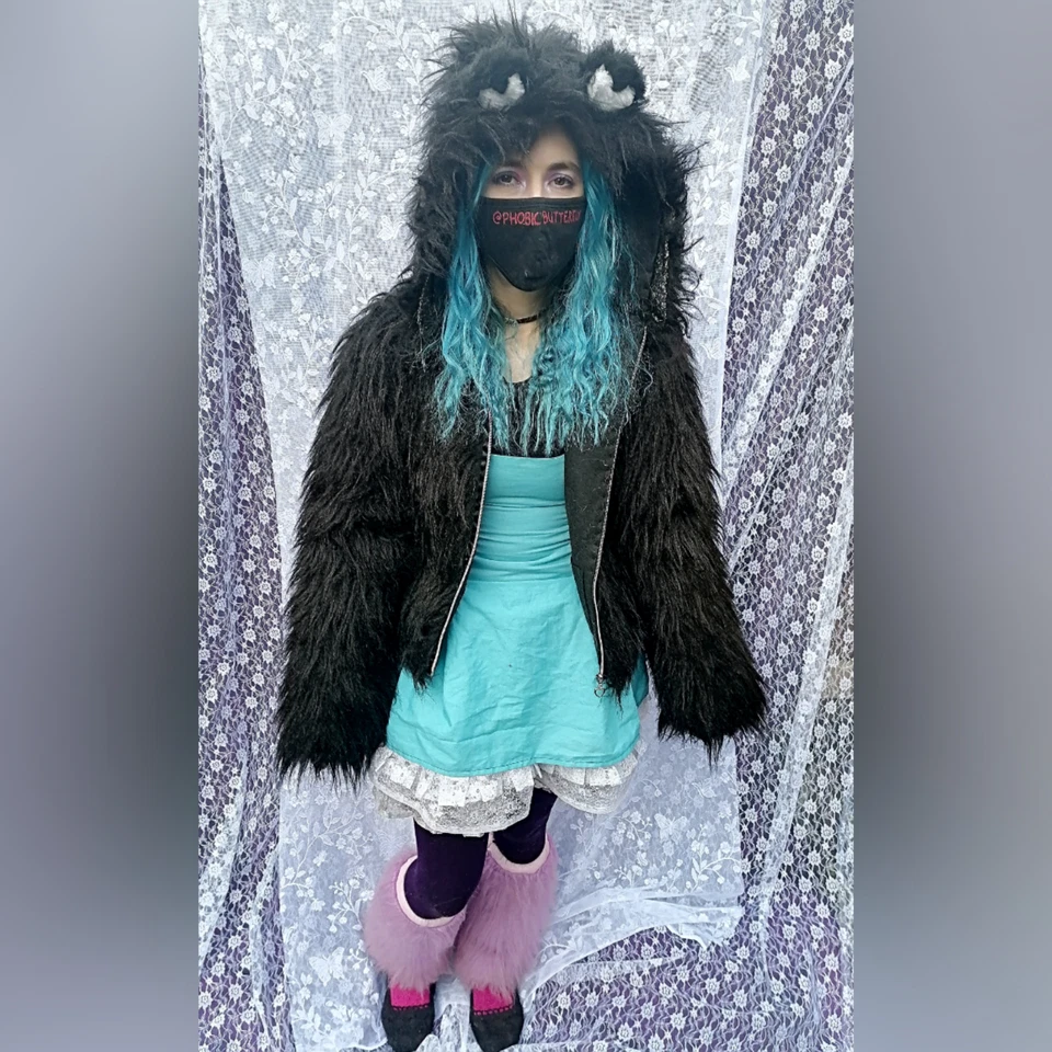 Black faux fur jacket with teady Bear Ears size small fluffy coat hoodie - Image 1 of 4