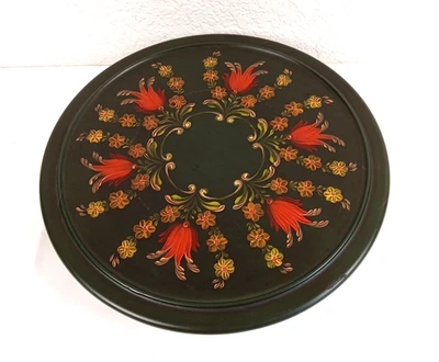 VTG Hand Painted Dark Green Floral & Scroll Design 12" Lazy Susan-Bright Colors - Image 1 of 4