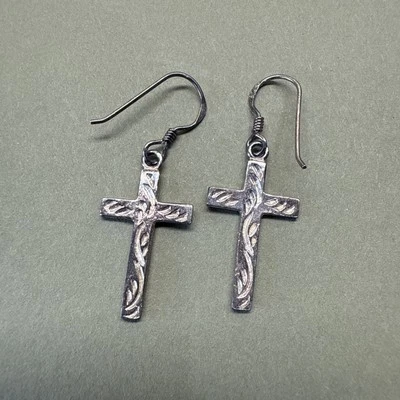 Pendientes colgantes de plata de ley 925 con cruz cristiana vintage Foto 1 de 4