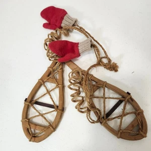 Rustic Wooden Snowshoes with Mini Red Mittens Winter Holiday Hanging Decor - Picture 1 of 5
