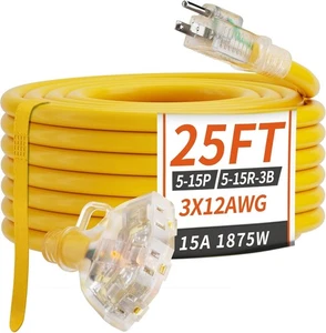 25 FT 12/3 Gauge Outdoor Extension Cord with Multiple Outlets Light Indicator - Picture 1 of 9