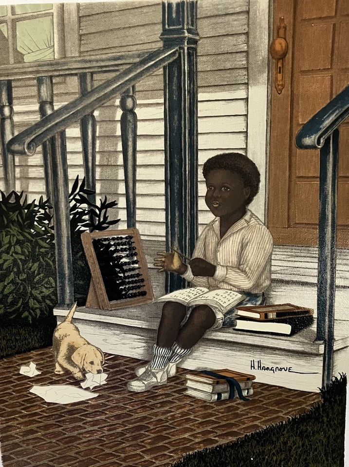 Lona H Hargrove 12x16 El perro se comió mi tarea niño afroamericano ábaco Foto 1 de 4