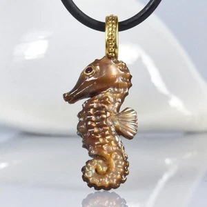 Seahorse Pendant Carved Bronze Mother of Pearl Gold Vermeil Sterling Silver 3.6g - Picture 1 of 13