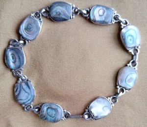 VINTAGE 925 STERLING SILVER ABALONE BRACELET LENGTH 8 Inch Mexico Boho Classic - Picture 1 of 17