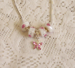Pink & White Murano Lampwork Beads, Pink Rhinestone Butterfly Charms