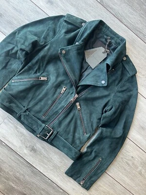 ALL SAINTS WOMEN'S PINE GREEN "SUEDE BALFERN" BIKER JACKET COAT - UK 12 NEW TAGS - Image 1 of 4