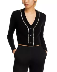 Aqua Cashmere V Neck Cardigan with Rhinestone Trim Black SZ M DEFECT - Picture 1 of 4